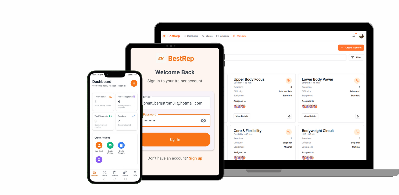 Best Rep fitness app interface showing dashboard, workout tracking, and client management